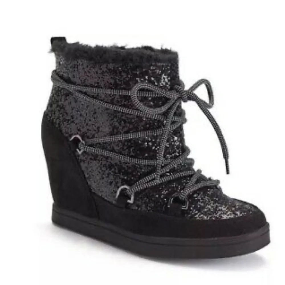 Juicy Couture Mareen Black Glitter Lace Up Wedge Bootie Size 7.5 EUC Y2K